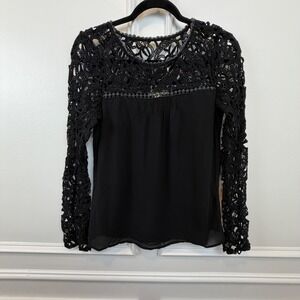 Double Zero Black Crochet Lace Chiffon Long Sleeve Blouse Small Boho Romantic